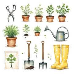 Watercolor Garden Tools & Plants Composition