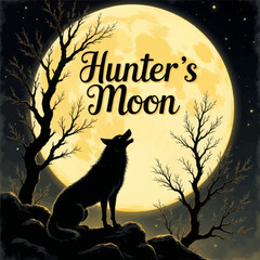 Wolf howls at Hunter's Moon with bare trees silhouette
