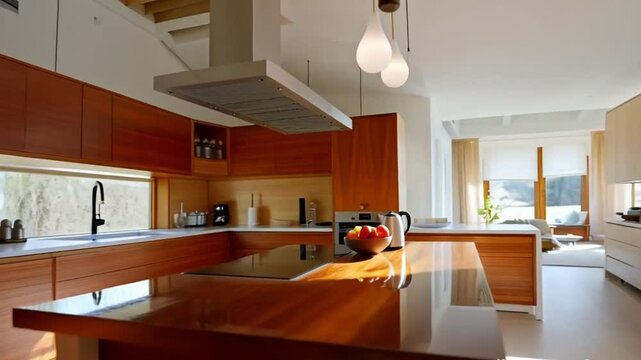 Mid century modern kitchen with island and white pine accents.