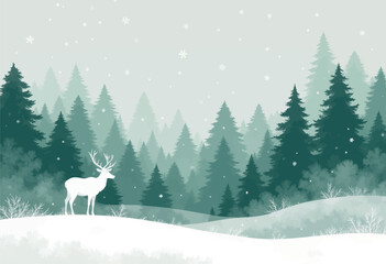 Winter Deer in Snowy Evergreen Forest Scene