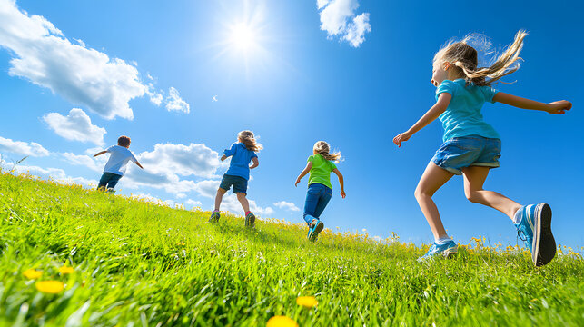 A group of energetic children running freely in a beautiful field during a fun-filled cousins reunion at a local park engaging in playful activities.