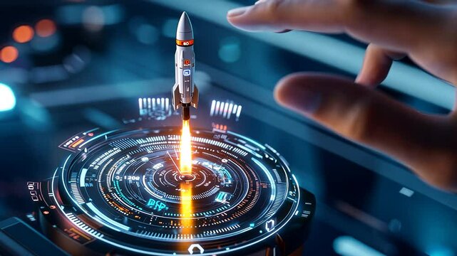 Futuristic smartwatch with rocket launch icon symbolizing progress and ambition