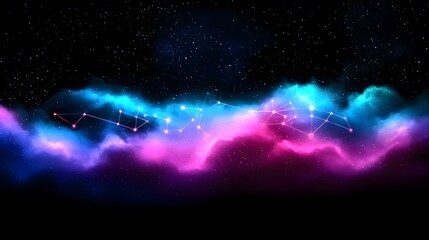 Fototapeta premium A stylized depiction of a constellation embedded within a vibrant nebula, showcasing a blend of pink and blue cosmic clouds against a backdrop of scattered stars.