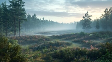 Smog Contamination Degradation, Misty Aerial View of Forested Landscape Obscured by Hazy Atmosphere
