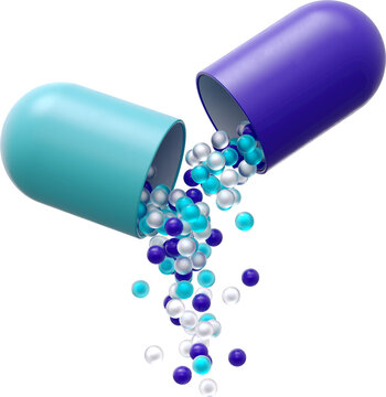 3D opened purple blue capsule with granules