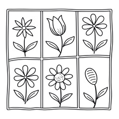Black and white line drawing square containing a simple flower and plants design.