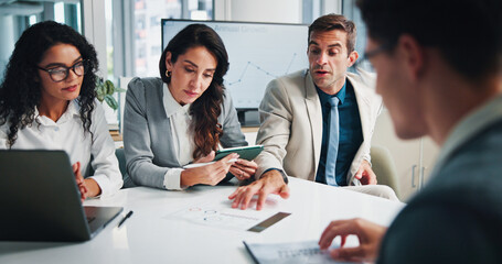 Finance, documents or business people with shareholders in discussion for planning, charts or...