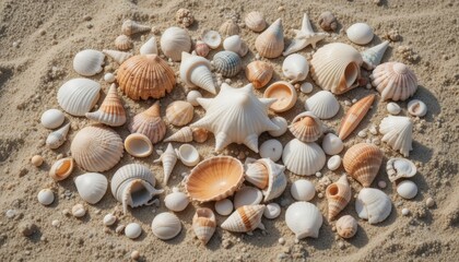 Seashell Collection A Playful Arrangement of Ocean Treasures on Sandy Beach