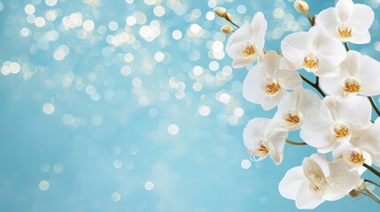 Elegant White Orchid Flowers on Soft Blue Background with Bokeh