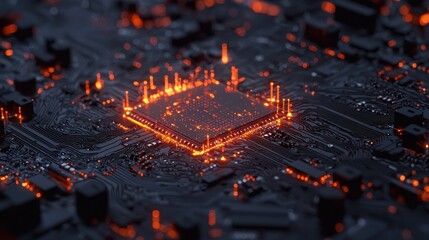 Glowing Microchip on Circuit Board with Bright Orange Accents