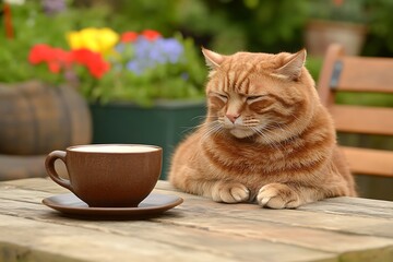 Ginger Cat Sipping Coffee for Garden Table.