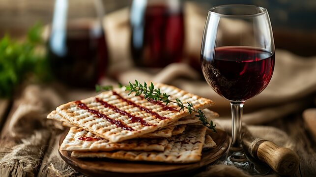 A jewish matzah bread with wine passover holiday concept
