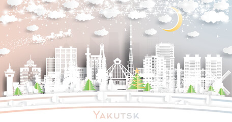 Fototapeta premium Yakutsk Russia. Winter city skyline in paper cut style with snowflakes, moon and neon garland. Christmas and new year concept. Santa Claus on sleigh. Yakutsk cityscape with landmarks.