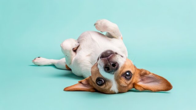 Dog playtime routines concept Playful dog lying on its back against a turquoise background.