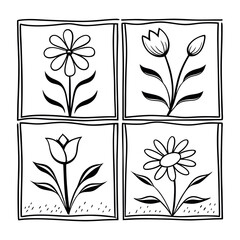 Black and white line drawing square containing a simple flower and plants design.