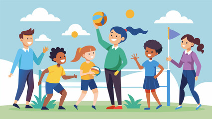 Teachers and students team up for a game of volleyball promoting teamwork and friendly competition while staying active.. Vector illustration