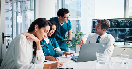 People, doctor or team with medical discussion on laptop for meeting, planning or procedure at hospital. Group, healthcare workers or employees with technology, documents or x ray for surgery results