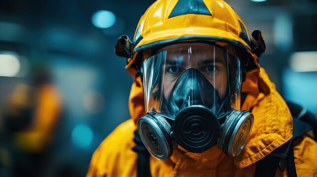 Firefighter in full gear, yellow helmet and mask, intense eyes. It symbolizes safety, resilience, and preparedness for emergencies.