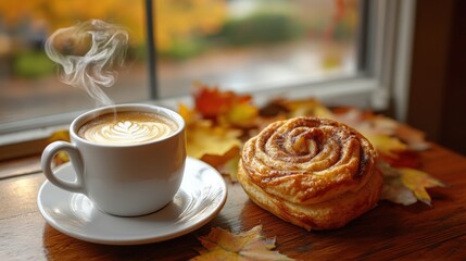 A cozy autumn backdrop, adorned with warm, earthy hues of golden leaves and crimson pumpkins, where a steaming mug of coffee and a cinnamon-buned pastry invite relaxation and warmth.