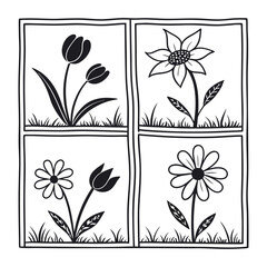 Black and white line drawing square containing a simple flower and plants design.