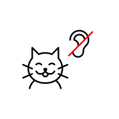 Happy cat and no ear symbol. Quiet mode, deaf pets care. Pixel perfect, editable stroke vector icon