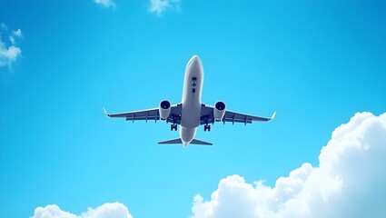 Obraz premium A high-definition image of a modern passenger airplane soaring through a vibrant blue sky. The aircraft is sleek and well-lit, with its wings extended gracefully, engines gleaming under the sunlight. 