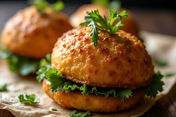 Delicious gourmet burger creation modern kitchen food photography cozy atmosphere close-up view