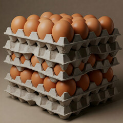 A stack of egg trays, each carefully holding brown eggs