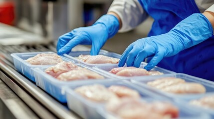 Close-Up of Chicken Breast Packaging in a Food Production Facility