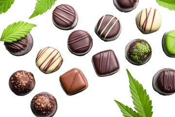Assorted cannabis infused lump chocolates. Surface with hemp leaves. gourmet confectionery, edible delights, modern culinary trends. cbd sweets isolated on cut out PNG or transparent background.