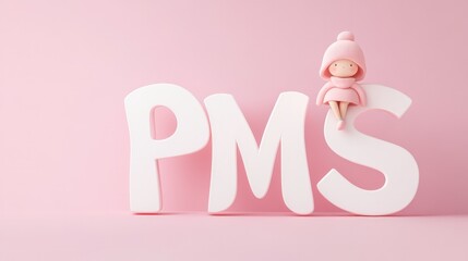 3D Pink "PMS" Typography with Cute Cartoon Girl &ndash; Soft and Warm Representation of Premenstrual Syndrome Awareness