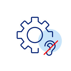 Cogwheel and ear crossed out. Hearing-impaired accessibility settings. Disable sound notification. Pixel perfect, editable stroke vector icon