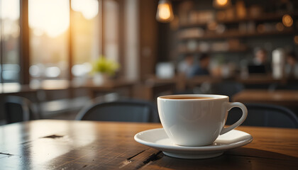 Fototapeta premium Coffee in a cafe with morning light bokeh from a window generative ai