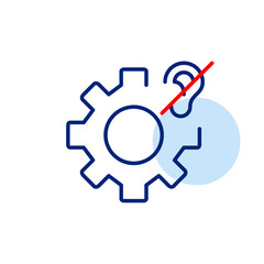 Cogwheel and ear crossed out. No audio processing, notifications disabled. Hearing impaired people accessibility. Pixel perfect, editable stroke vector icon