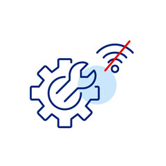 Cogwheel, wrench and no wi-fi symbol. Offline technical support, system maintenance. Pixel perfect, editable stroke vector icon