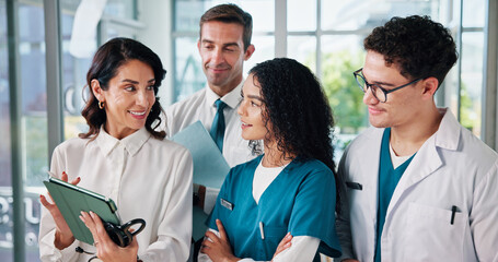 Happy people, doctor or team with tablet for medical discussion, research or development at...