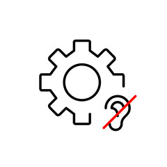 Cogwheel and ear crossed out. Hearing-impaired accessibility settings. Disable sound notification. Pixel perfect, editable stroke vector icon