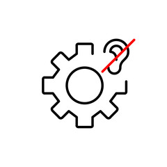 Cogwheel and ear crossed out. No audio processing, notifications disabled. Hearing impaired people accessibility. Pixel perfect, editable stroke vector icon