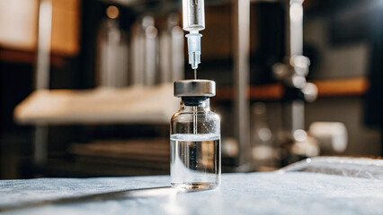 Close-up of a single measles vaccine vial on a clean, sterile surface with medical equipment in the background. Healthcare, immunization, and medical research concepts.
