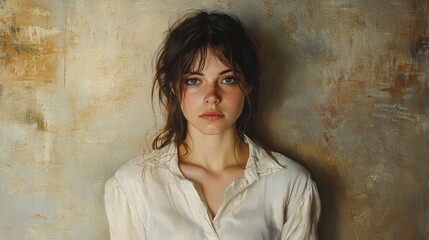 Beautiful young woman with messy hair posing against textured wall. Use this artistic portrait for articles or creative graphic designs.