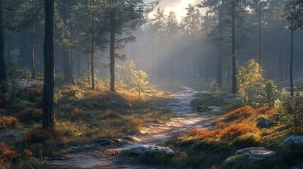 A serene forest pathway meanders through a mist-covered landscape, surrounded by lush greenery and vibrant wildflowers, evoking a peaceful, enchanted atmosphere.