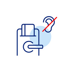 Digital hotel door lock and ear crossed out. Privacy protection, no eavesdropping. Quiet mode. Voice commands disabled. Pixel perfect, editable stroke vector icon