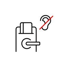 Digital hotel door lock and ear crossed out. Privacy protection, no eavesdropping. Quiet mode. Voice commands disabled. Pixel perfect, editable stroke vector icon