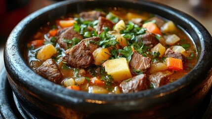 A vibrant tapestry of flavors, where tender chunks of meat and vegetables, bathed in a fragrant broth, simmered in a symphony of spices.