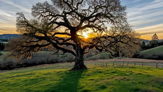 Majestic oak tree silhouetted against a stunning sunset in a tranquil valley landscape