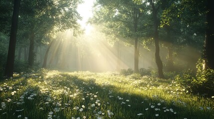 Enchanted Forest Sunrise with Sunbeams and Glittering Air Particles
