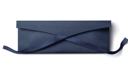 Top-down, close-up studio shot of a navy blue envelope-style clutch. The clutch is rectangular with a folded design, secured with a ribbon tie. The texture appears smooth and matte. The background