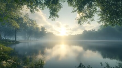 Enchanted Forest Sunrise with Sunbeams and Glittering Air Particles