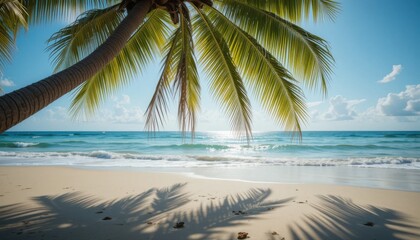 Obraz premium Serene Tropical Beach Scene Palm Tree Shadow on Wet Sand
