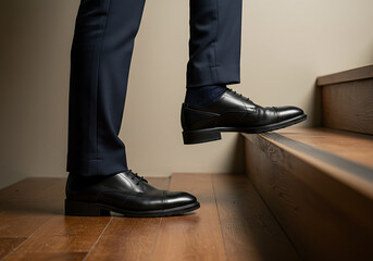 A Man in a Suit Ascending Wooden Stairs: Formal Footwear and Interior Design